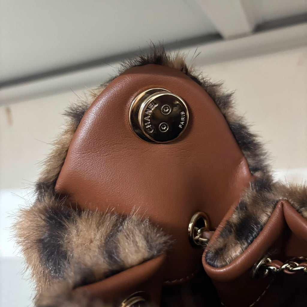 Leopard Faux Fur Chain Shoulder Bag Brown