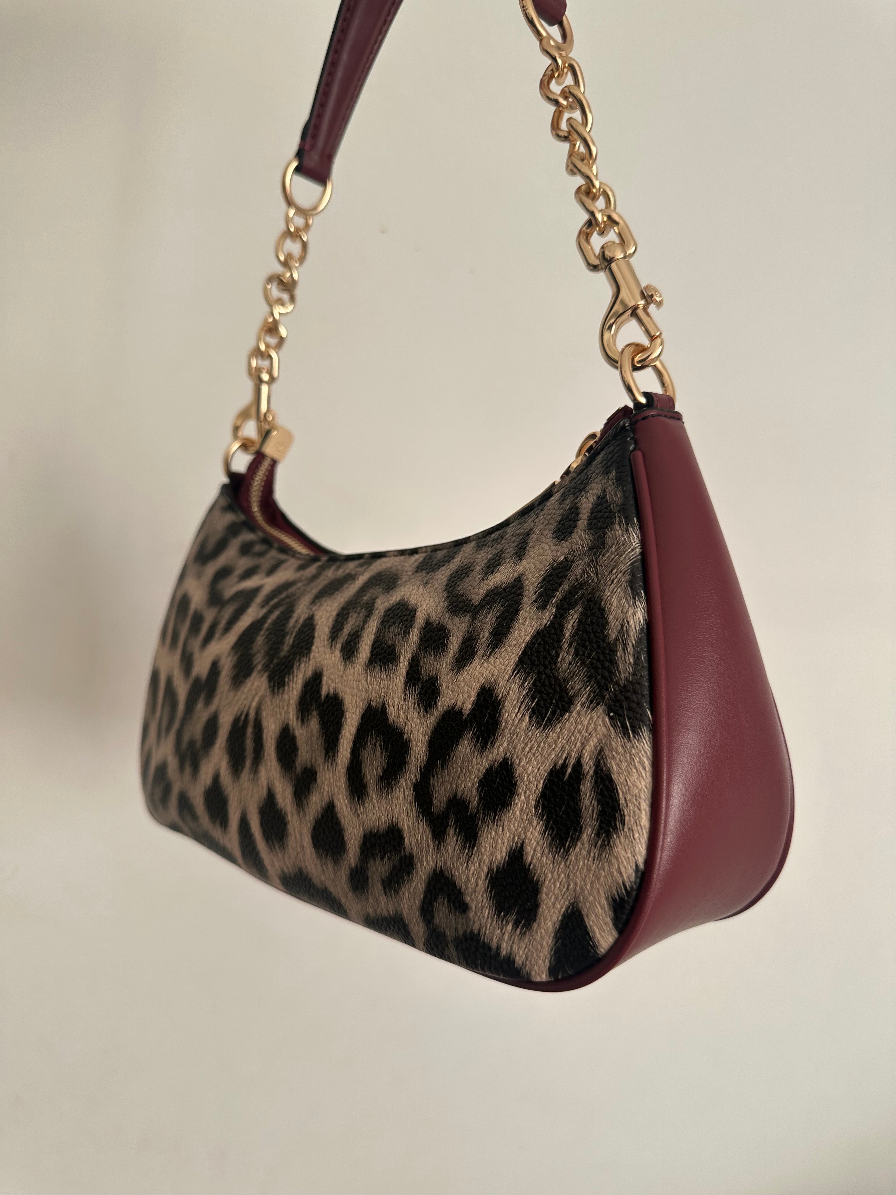 Teri Leopard Burgundy Beige Shoulder Handbag