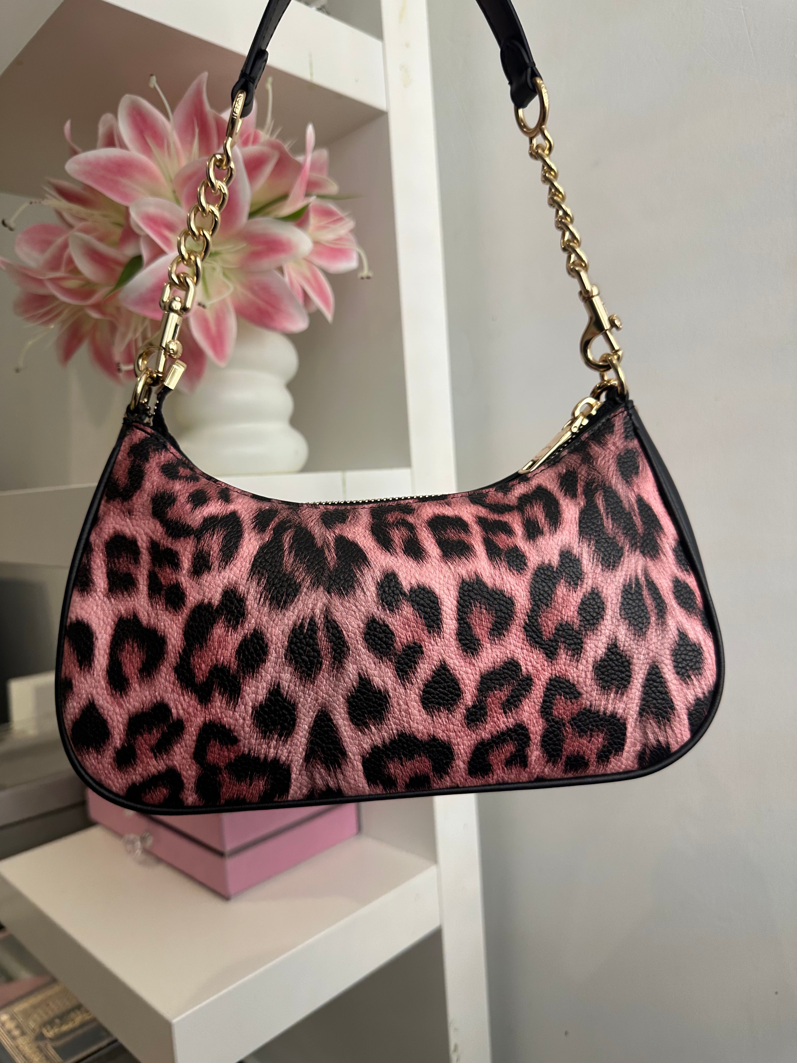 Teri Leopard Pink Black Shoulder Handbag