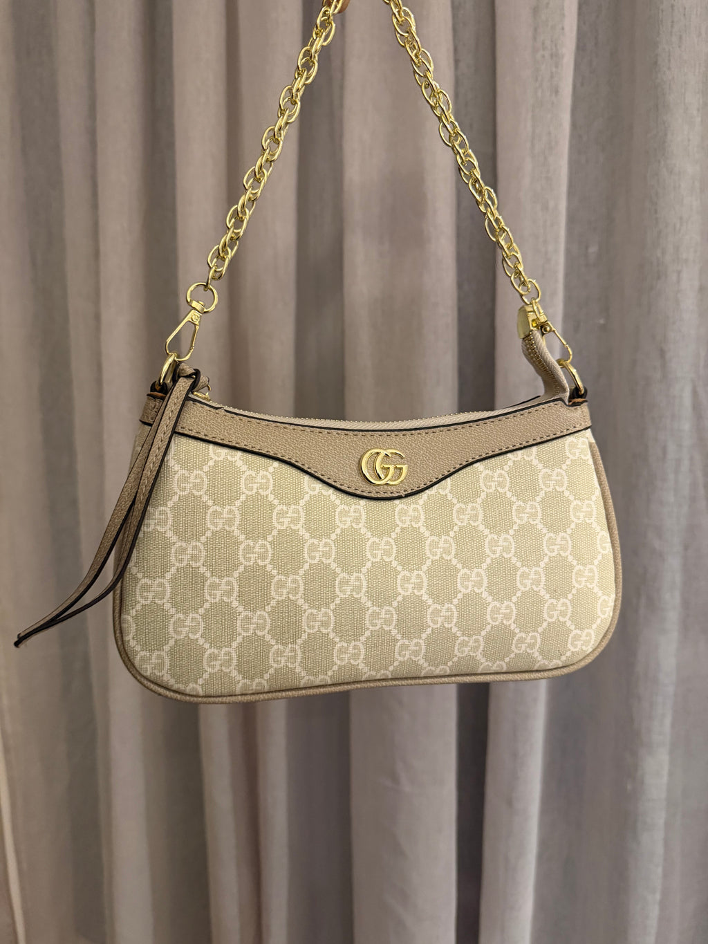 Supreme Beige Mini Shoulder Bag with Gold Chain Strap