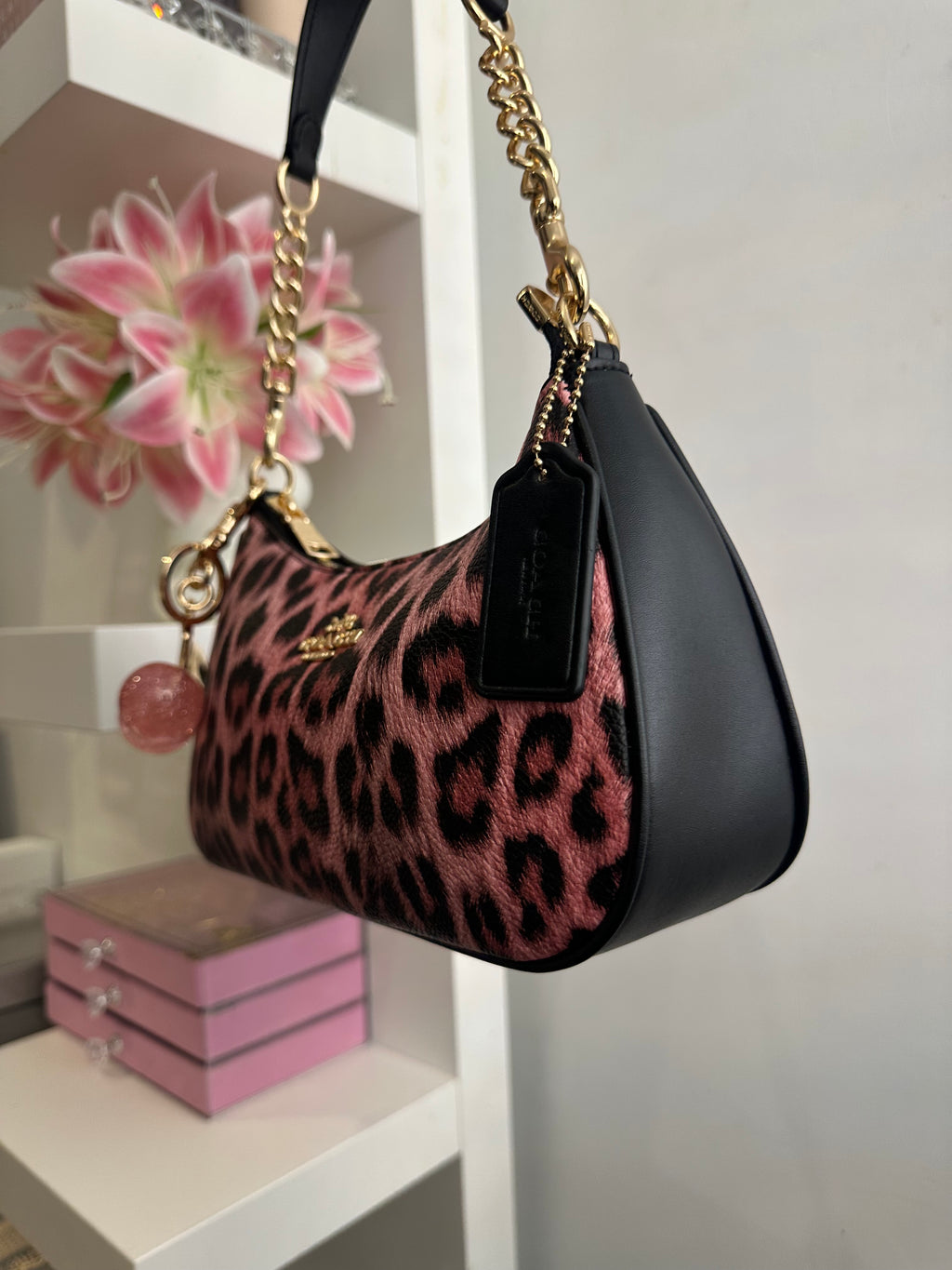 Teri Leopard Pink Black Shoulder Handbag