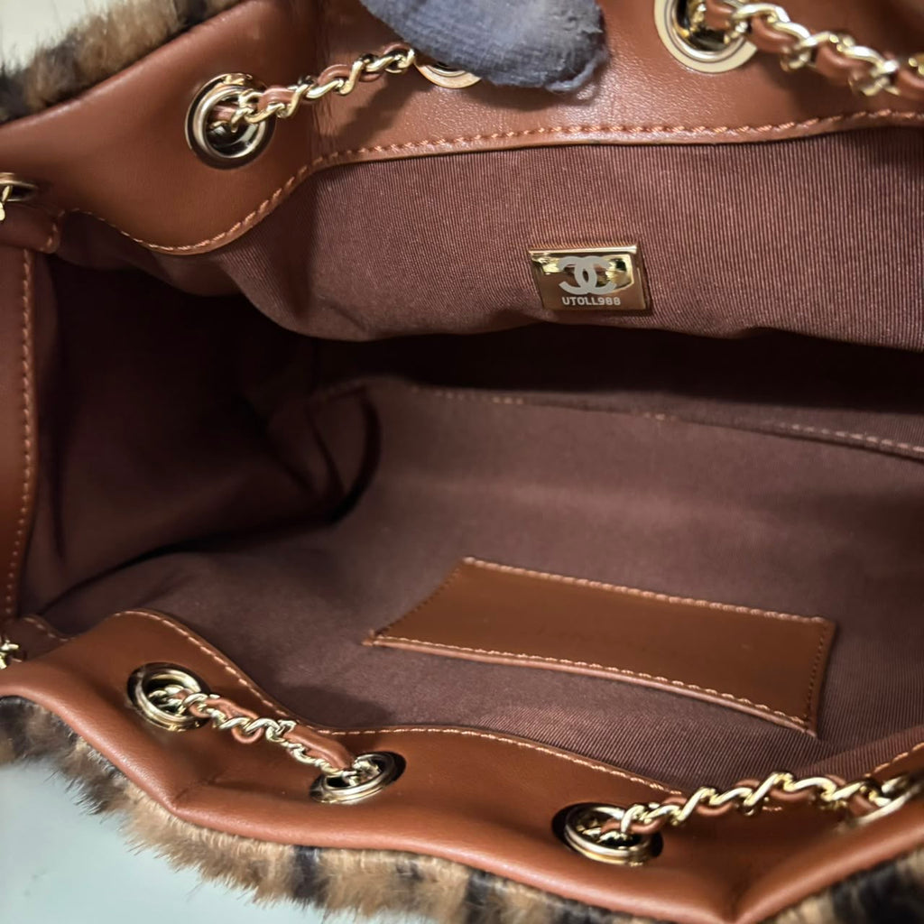 Leopard Faux Fur Chain Shoulder Bag Brown
