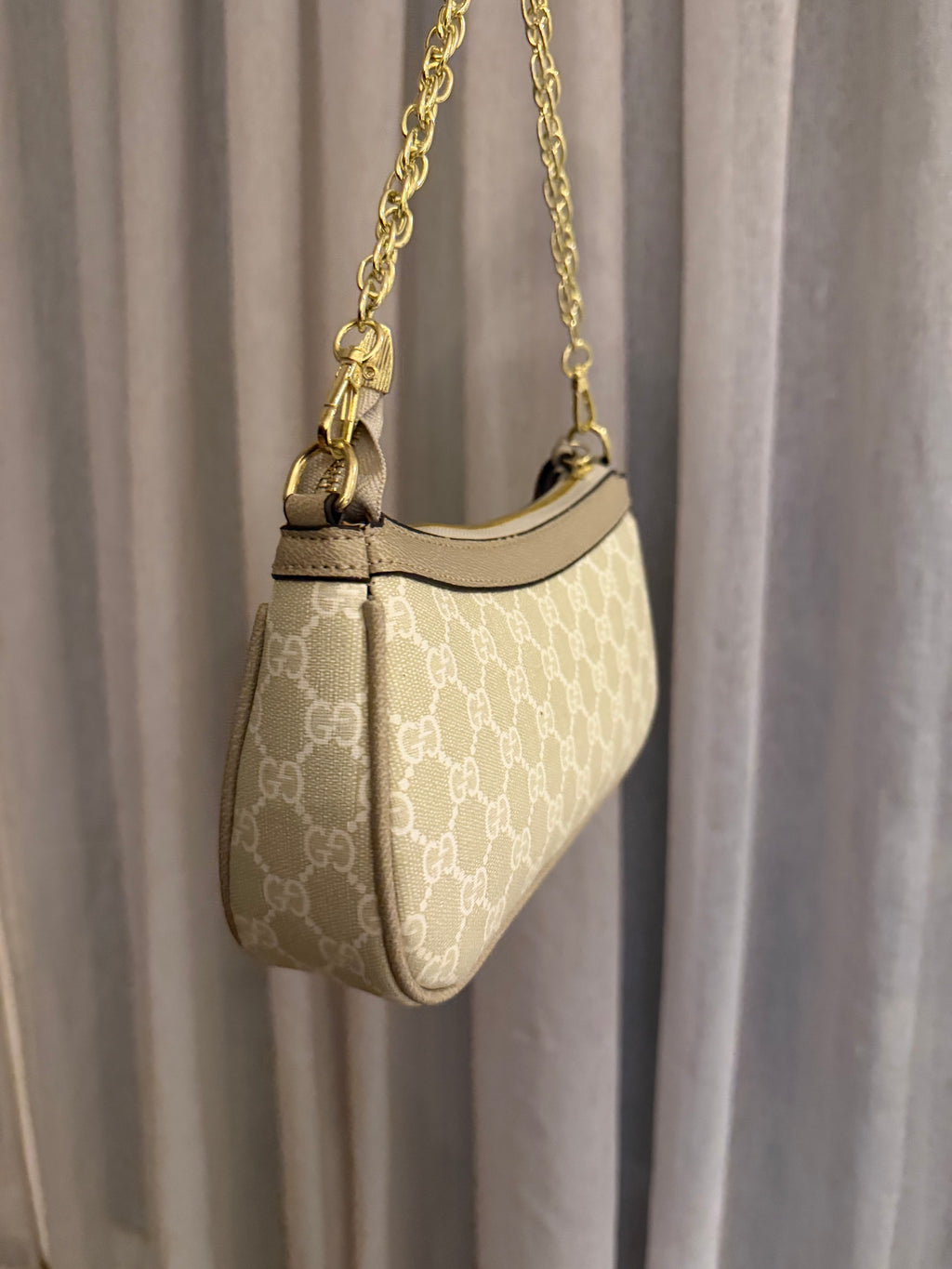 Supreme Beige Mini Shoulder Bag with Gold Chain Strap