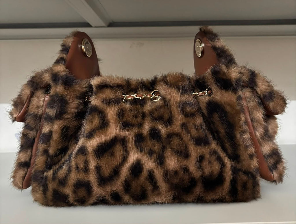 Leopard Faux Fur Chain Shoulder Bag Brown