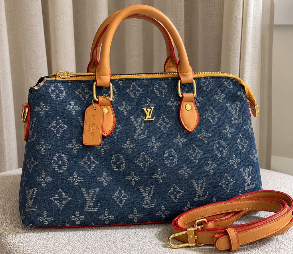Denim Monogram Boston Bag – Blue & Tan