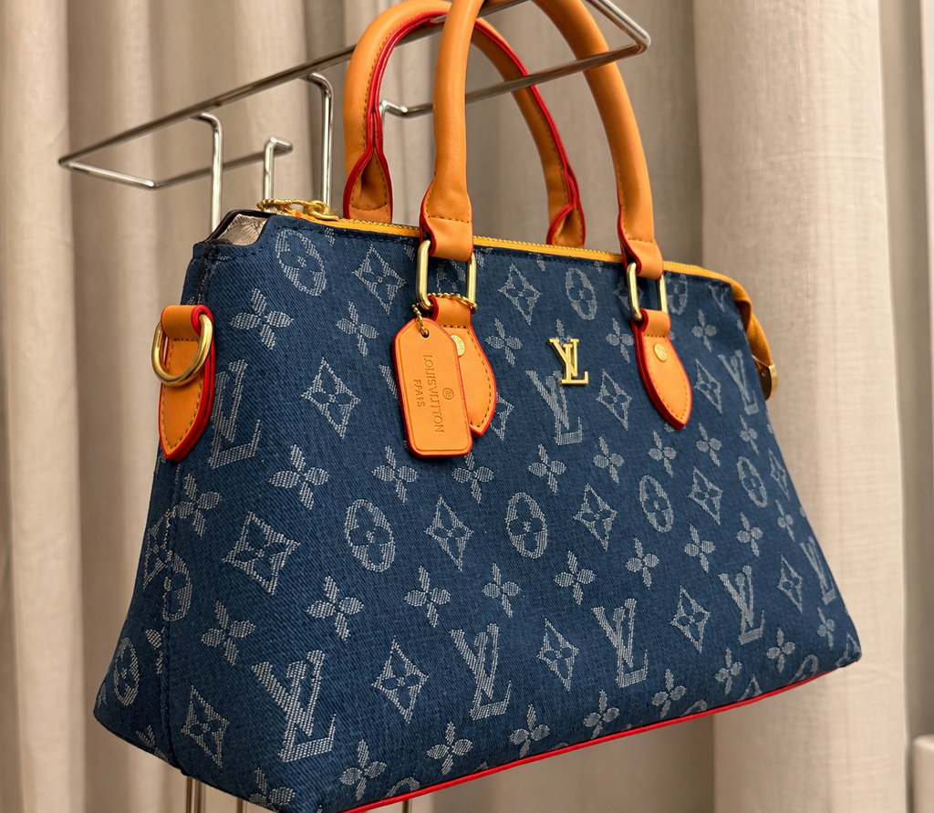 Denim Monogram Boston Bag – Blue & Tan