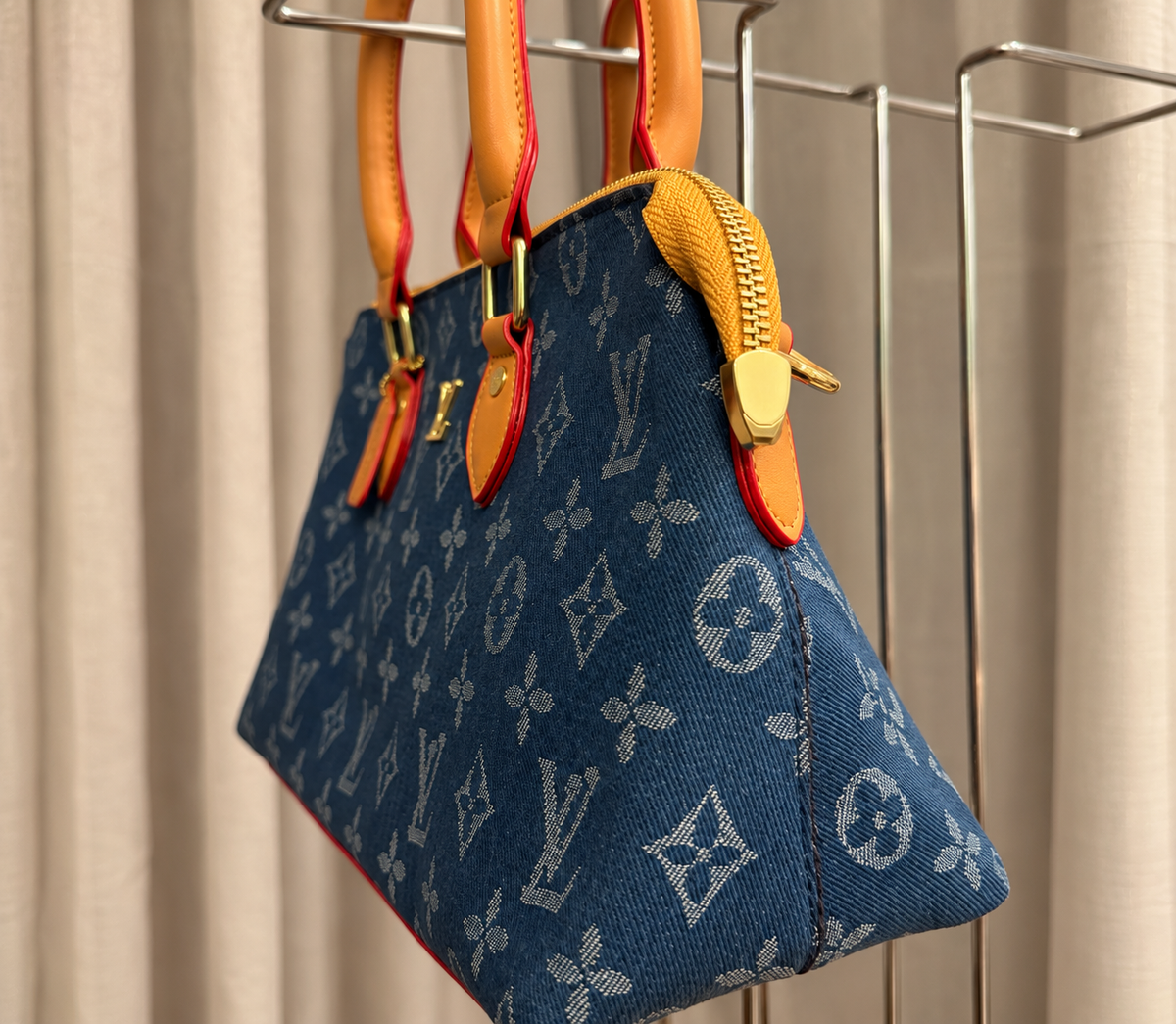 Denim Monogram Boston Bag – Blue & Tan